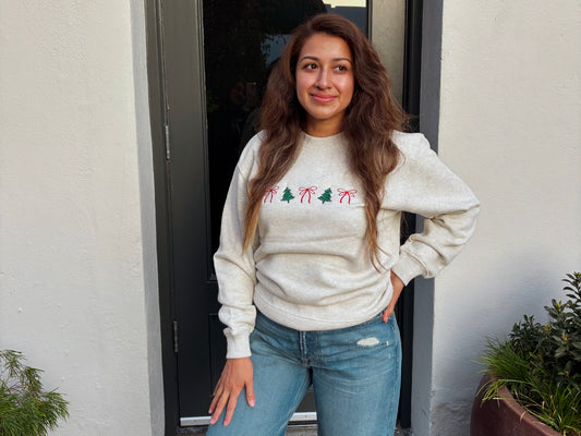 Coquette Bows and Christmas Trees Crewneck Sweatshirt