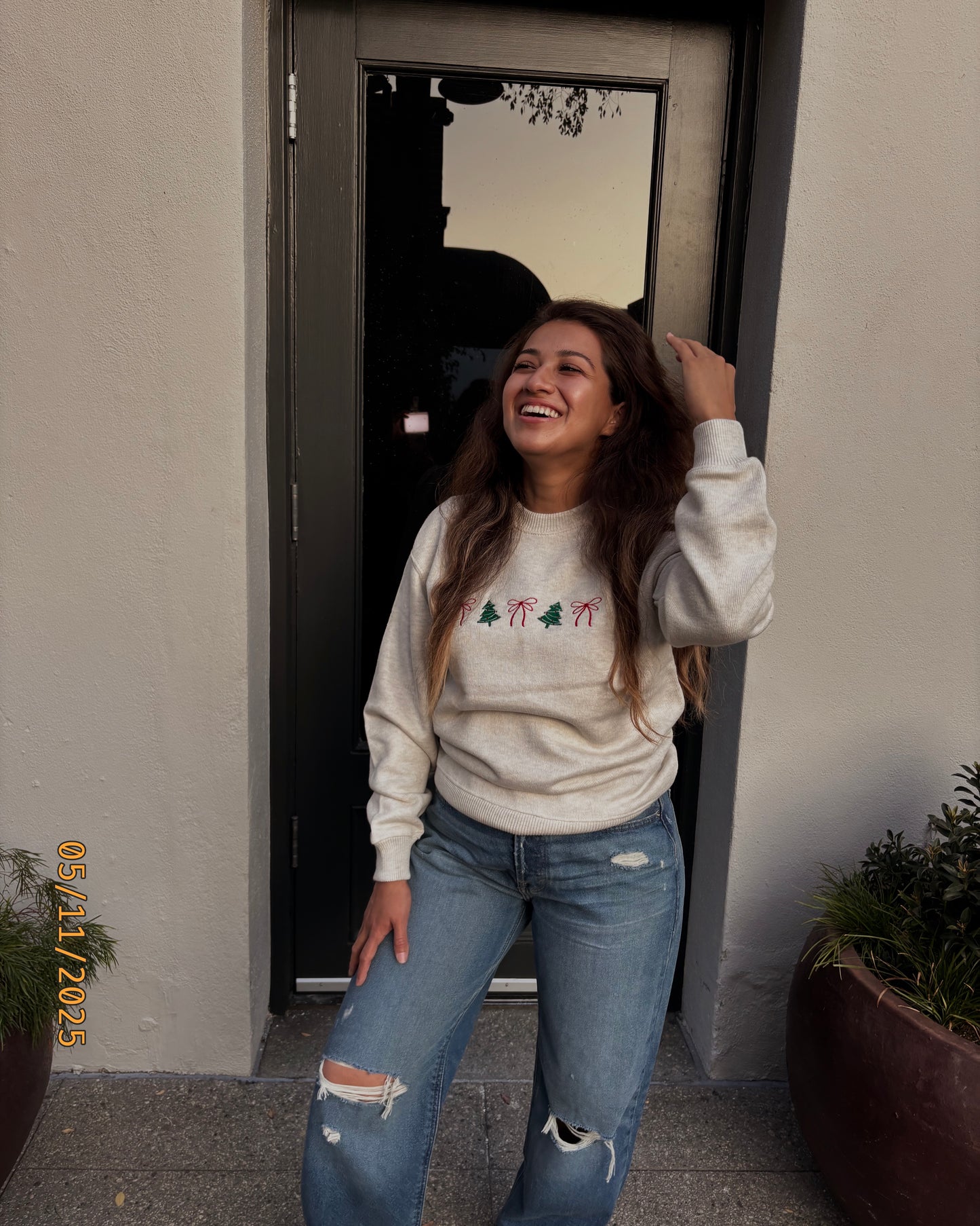 Coquette Bows and Christmas Trees Crewneck Sweatshirt